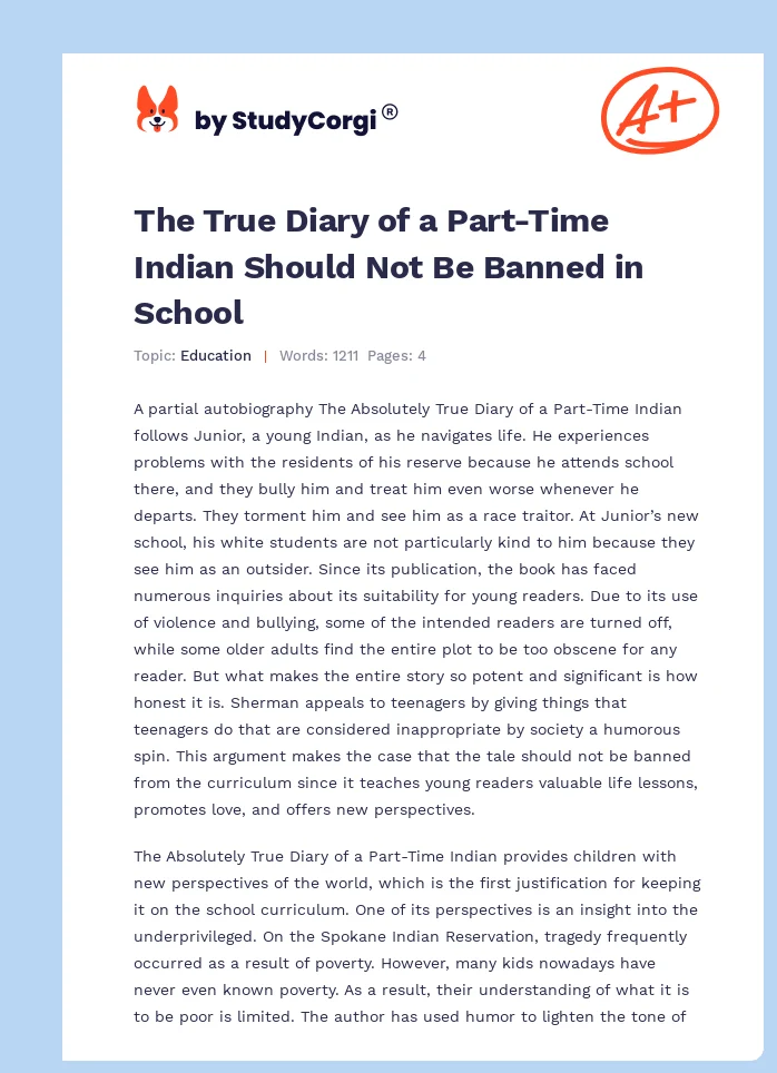 The True Diary of a Part-Time Indian Should Not Be Banned in School. Page 1