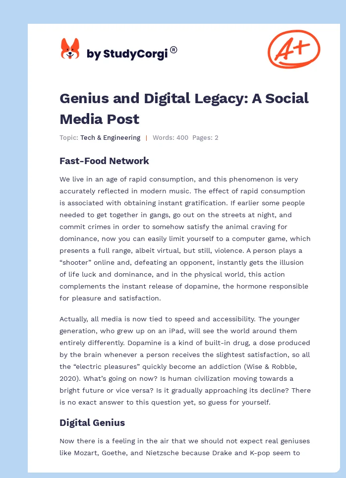 Genius and Digital Legacy: A Social Media Post. Page 1