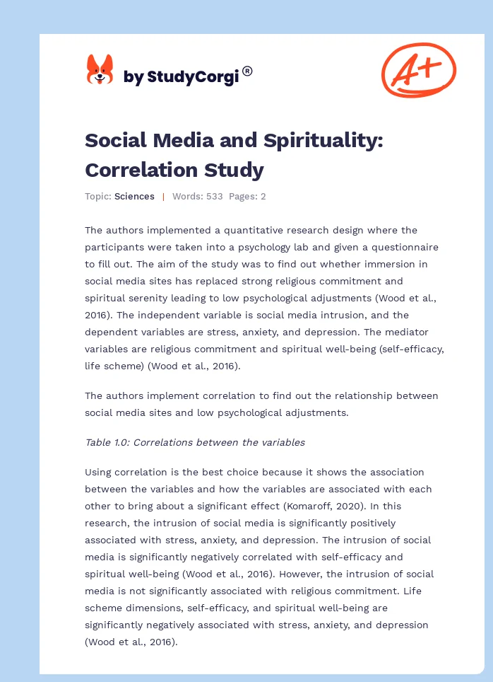 Social Media and Spirituality: Correlation Study. Page 1