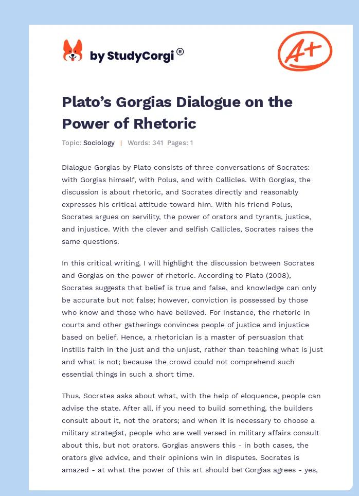 Plato’s Gorgias Dialogue on the Power of Rhetoric. Page 1