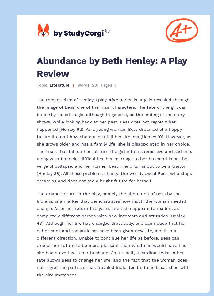 Abundance by Beth Henley: A Play Review. Page 1