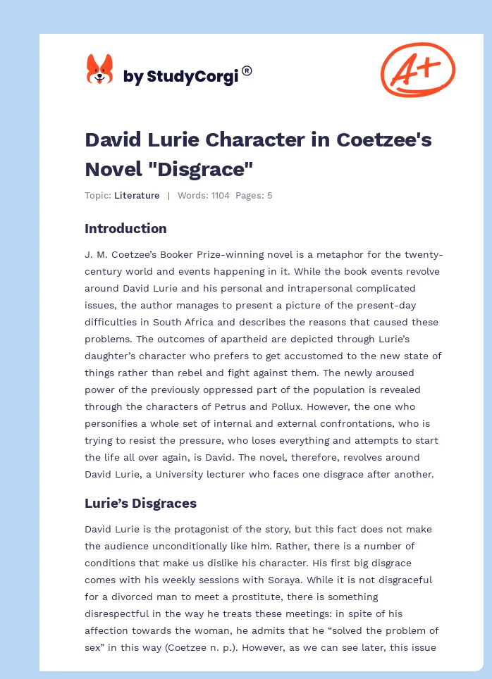 David Lurie Character in Coetzee's Novel "Disgrace". Page 1