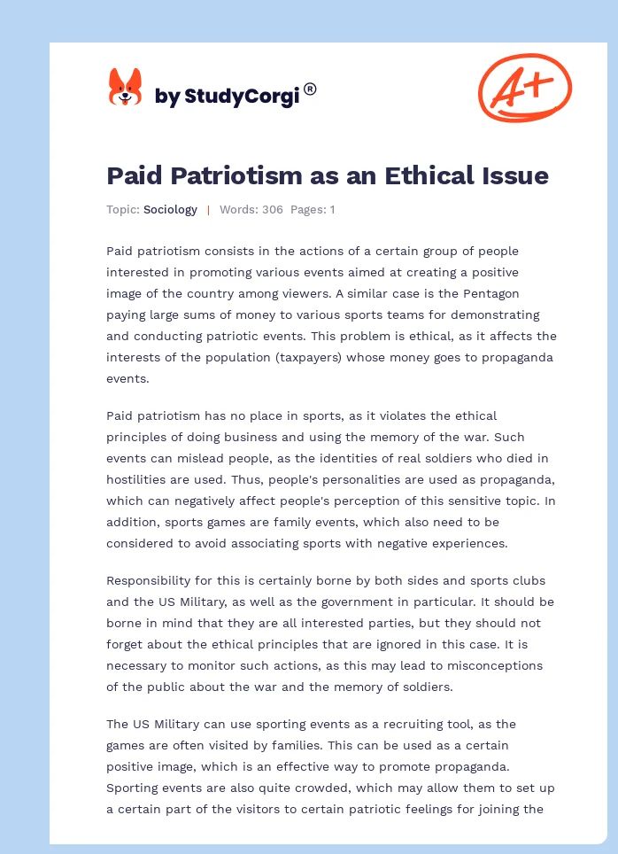 Paid Patriotism as an Ethical Issue. Page 1