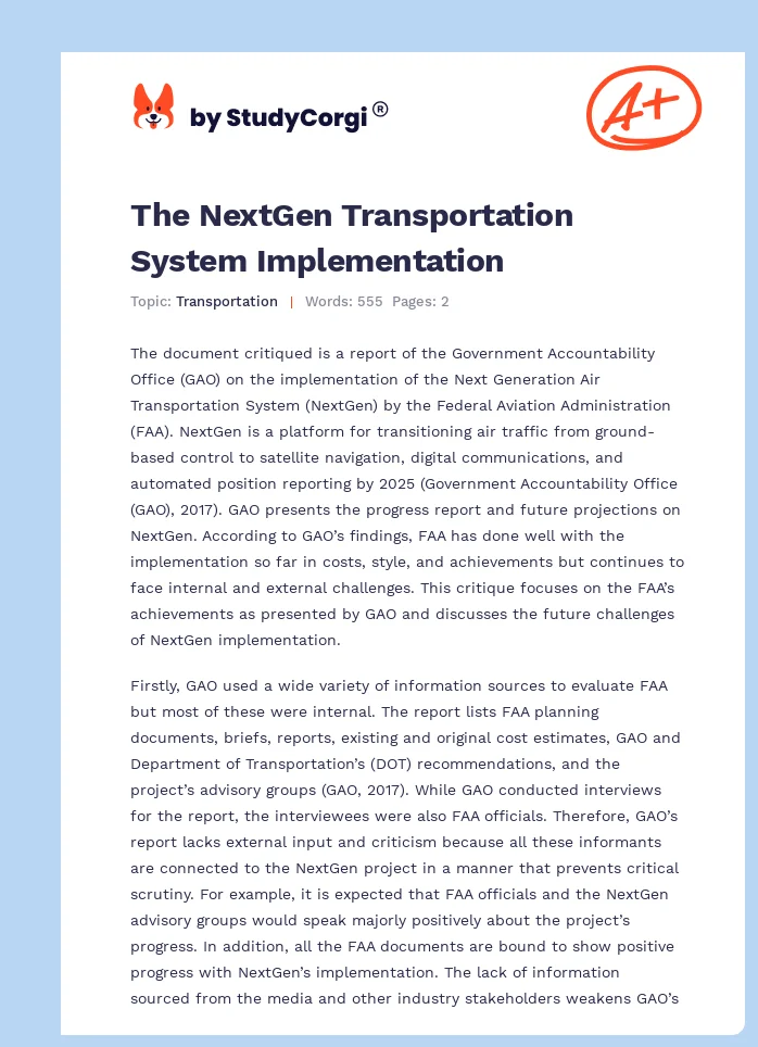 The NextGen Transportation System Implementation. Page 1