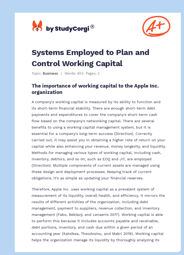 Systems Employed to Plan and Control Working Capital. Page 1