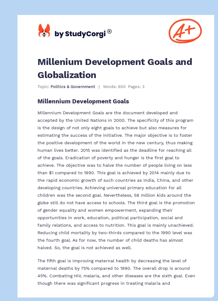 Millenium Development Goals and Globalization. Page 1