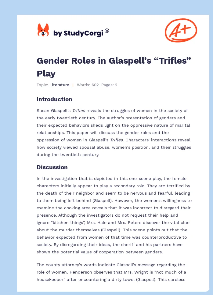 Gender Roles in Glaspell’s “Trifles” Play. Page 1