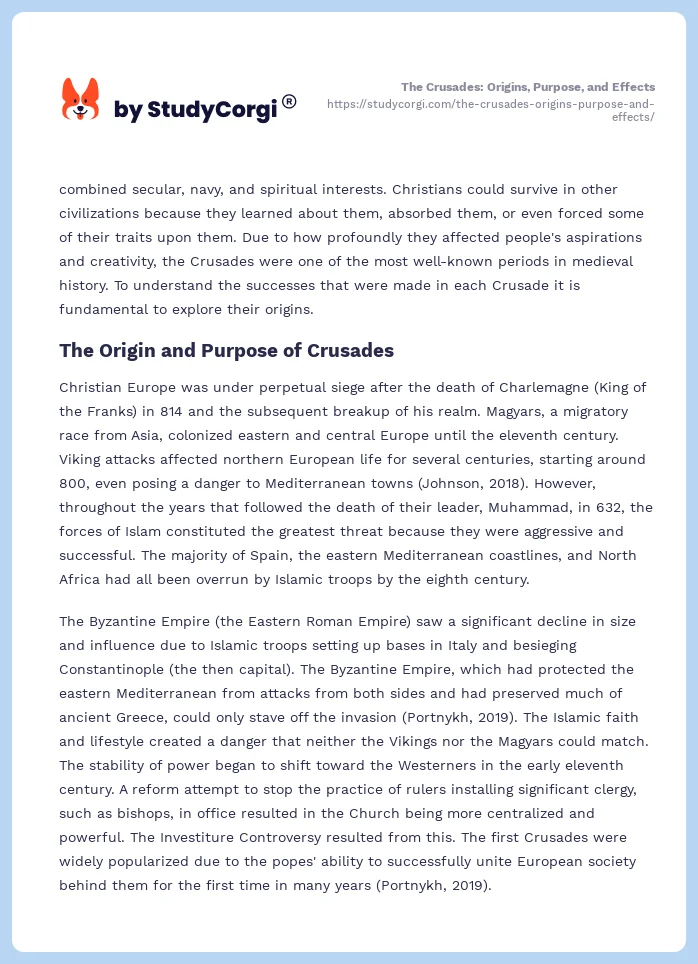 The Crusades: Origins, Purpose, and Effects. Page 2