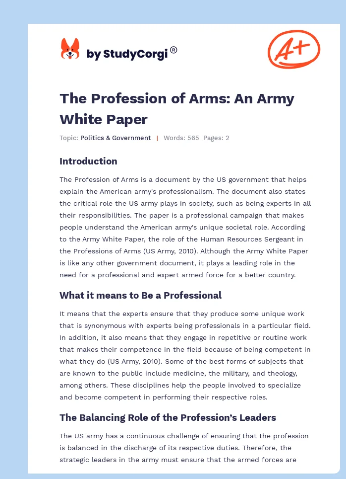 The Profession of Arms: An Army White Paper. Page 1