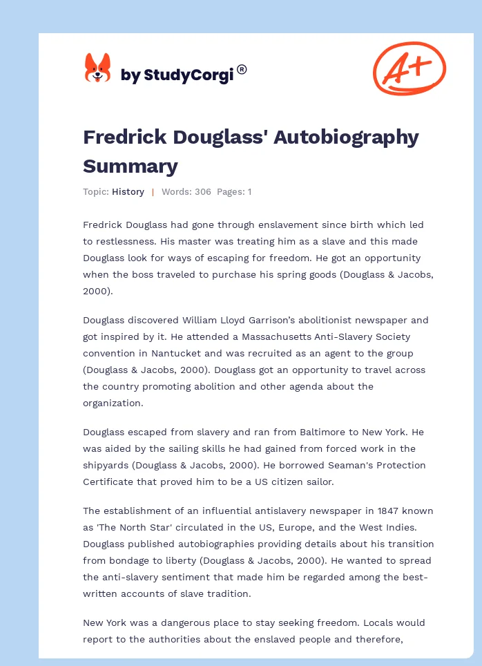Fredrick Douglass' Autobiography Summary. Page 1