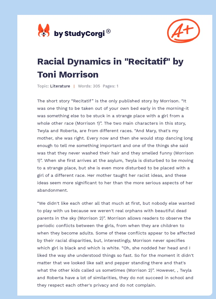 Racial Dynamics in "Recitatif" by Toni Morrison. Page 1