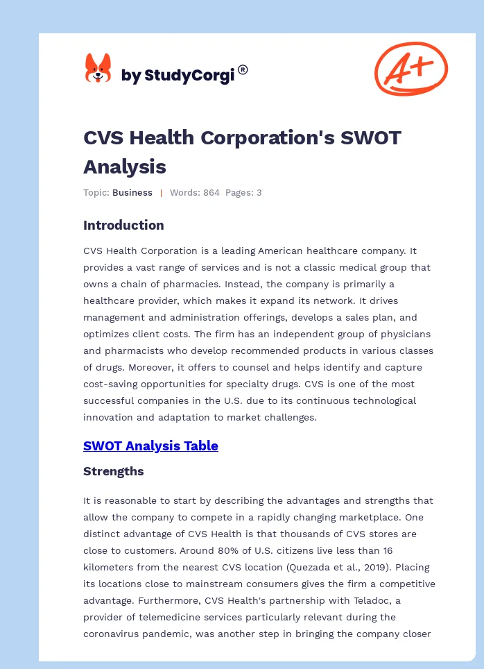 CVS Health Corporation's SWOT Analysis. Page 1