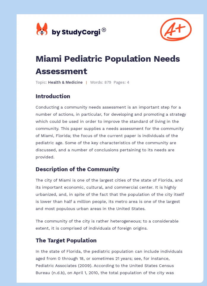 Miami Pediatric Population Needs Assessment. Page 1