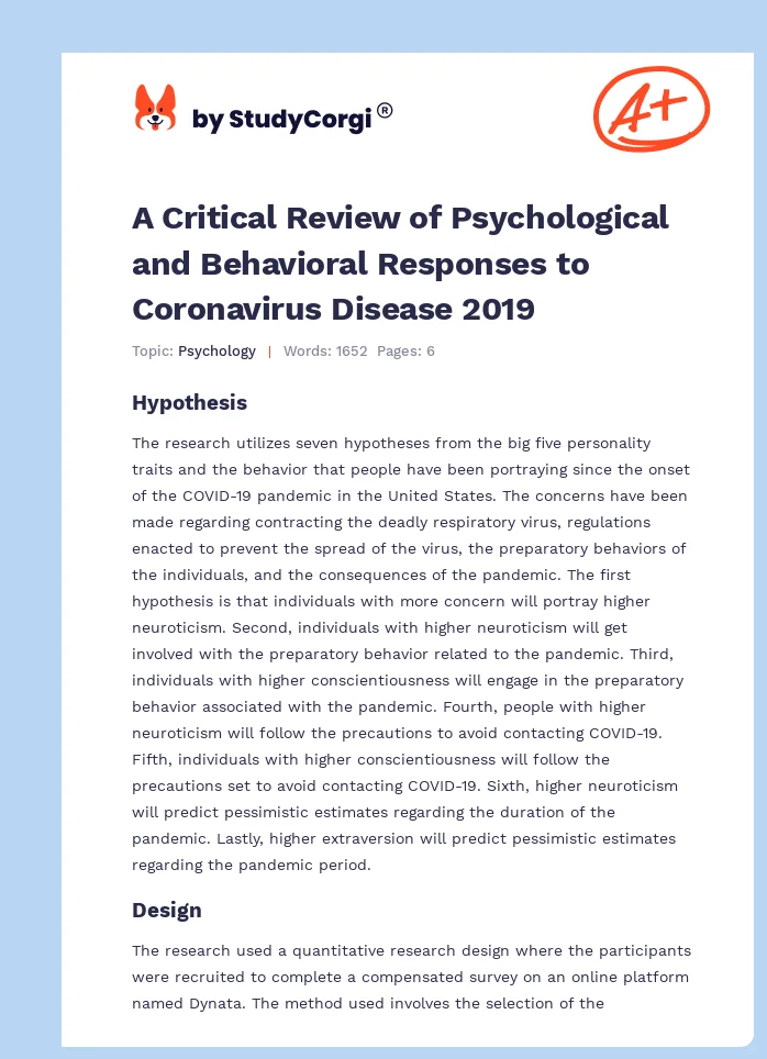 A Critical Review of Psychological and Behavioral Responses to Coronavirus Disease 2019. Page 1