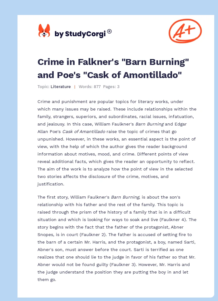 Crime in Falkner's "Barn Burning" and Poe's "Cask of Amontillado". Page 1
