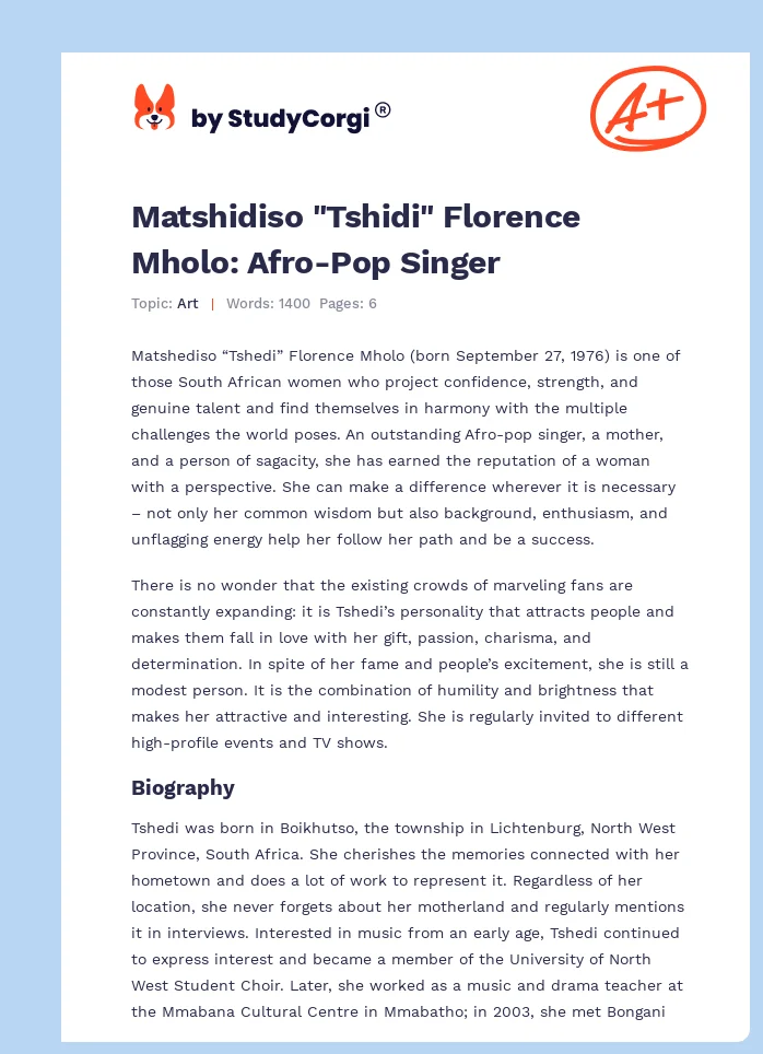 Matshidiso "Tshidi" Florence Mholo: Afro-Pop Singer. Page 1