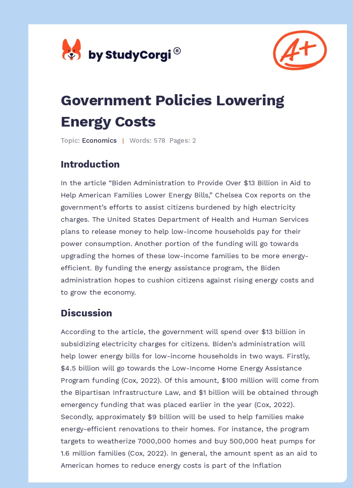 Government Policies Lowering Energy Costs. Page 1
