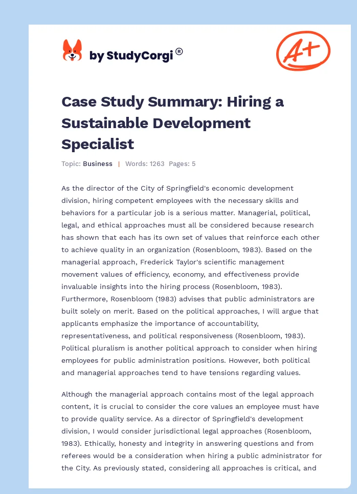 Case Study Summary: Hiring a Sustainable Development Specialist. Page 1