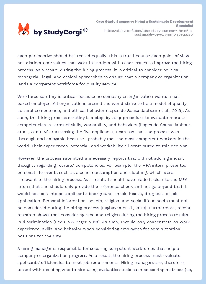 Case Study Summary: Hiring a Sustainable Development Specialist. Page 2