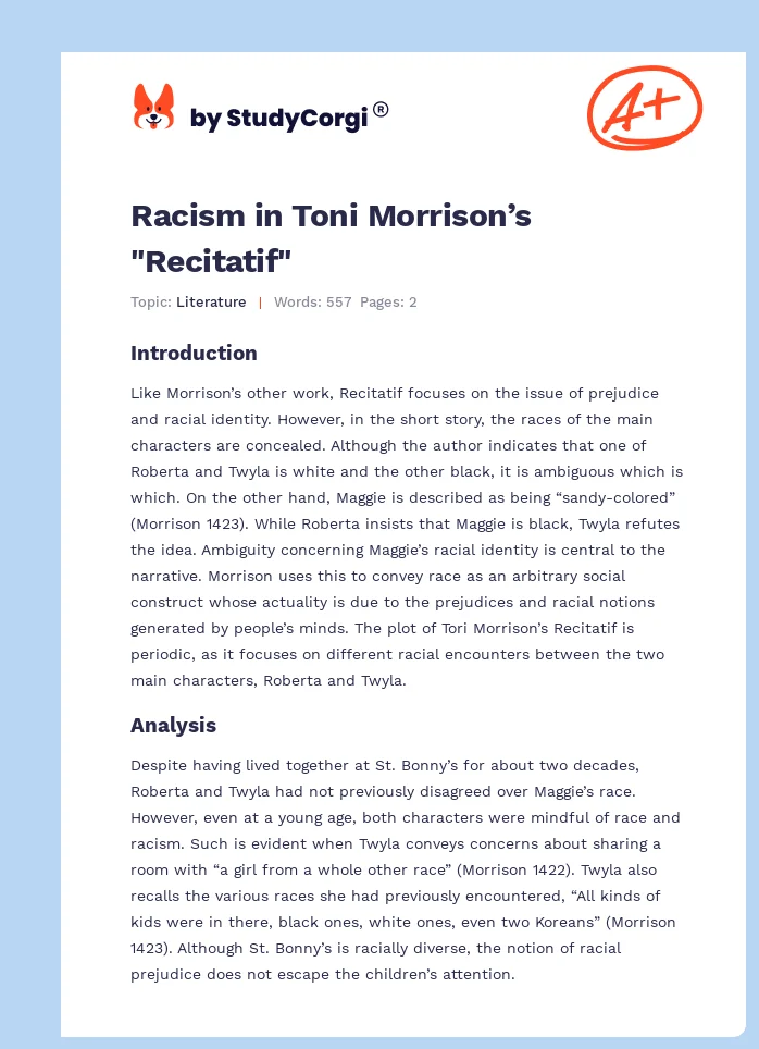 Racism in Toni Morrison’s "Recitatif". Page 1