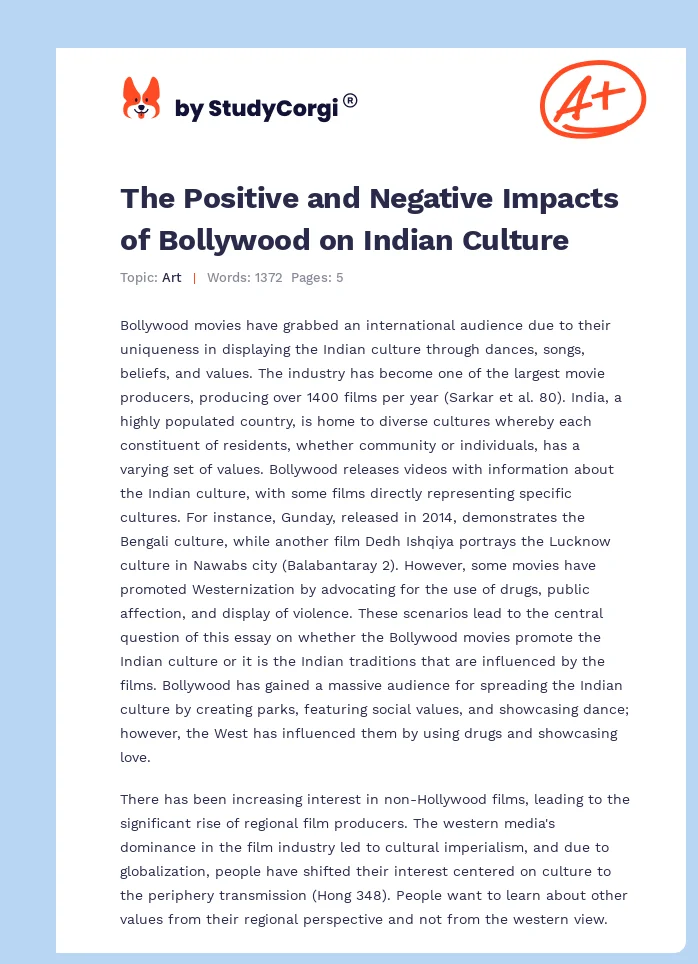 The Positive and Negative Impacts of Bollywood on Indian Culture. Page 1