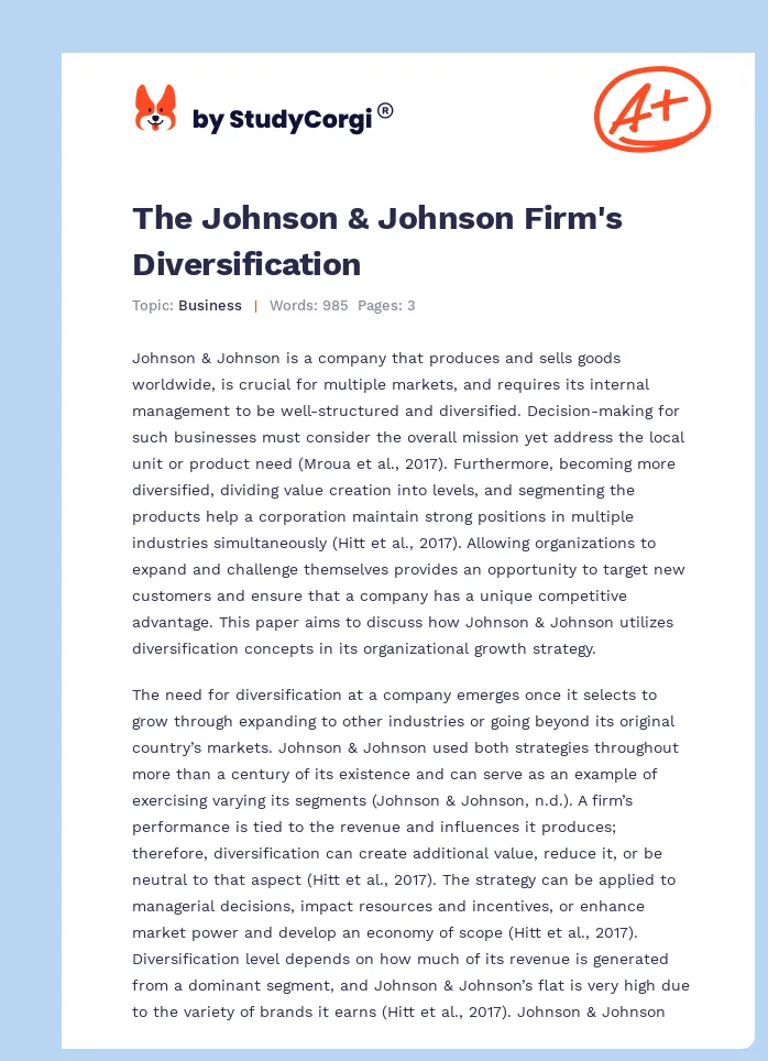 The Johnson & Johnson Firm's Diversification. Page 1