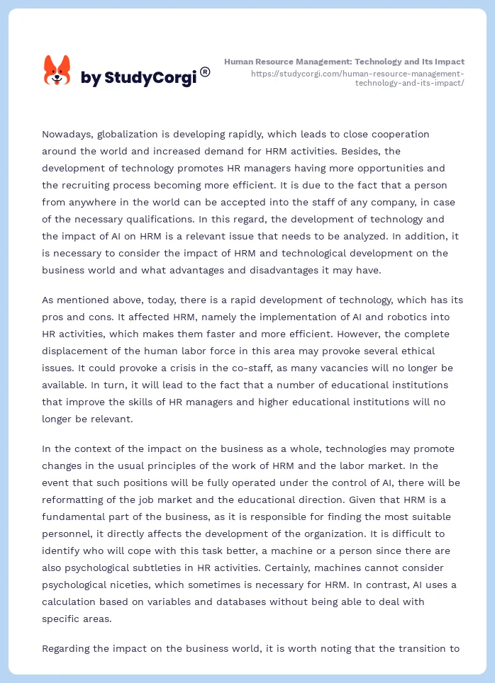 Human Resource Management: Technology and Its Impact. Page 2