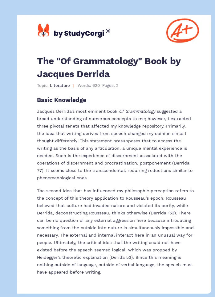 The "Of Grammatology" Book by Jacques Derrida. Page 1