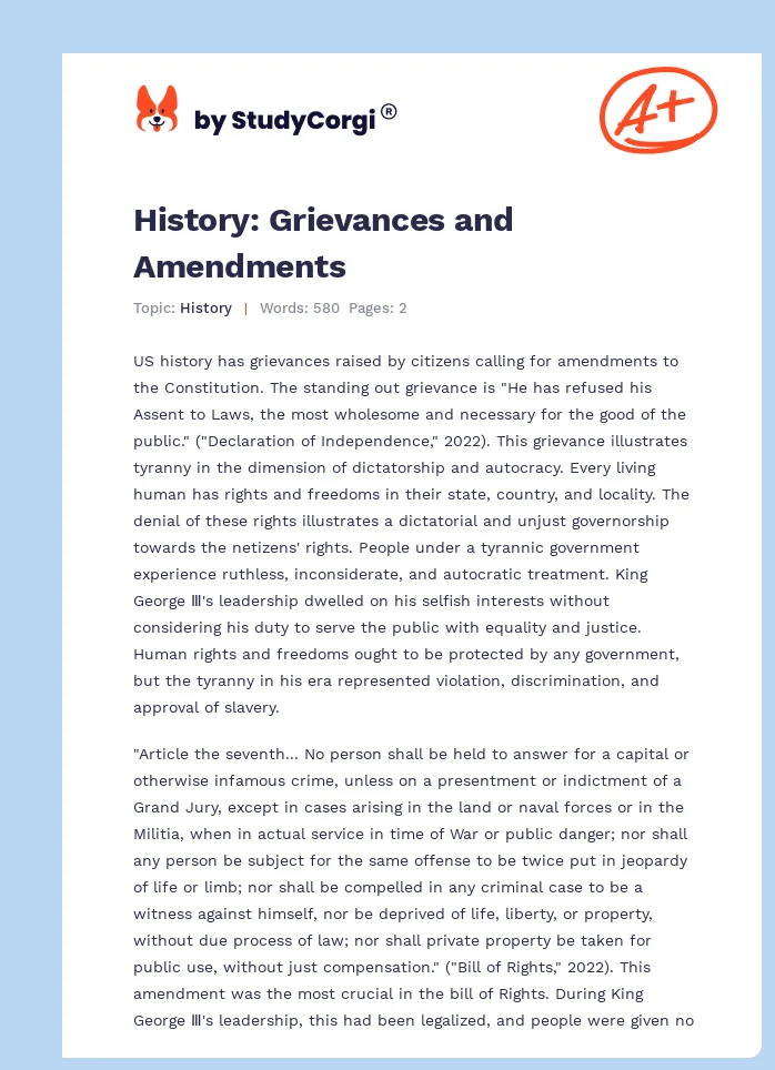 History: Grievances and Amendments. Page 1