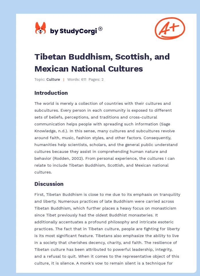 Tibetan Buddhism, Scottish, and Mexican National Cultures. Page 1