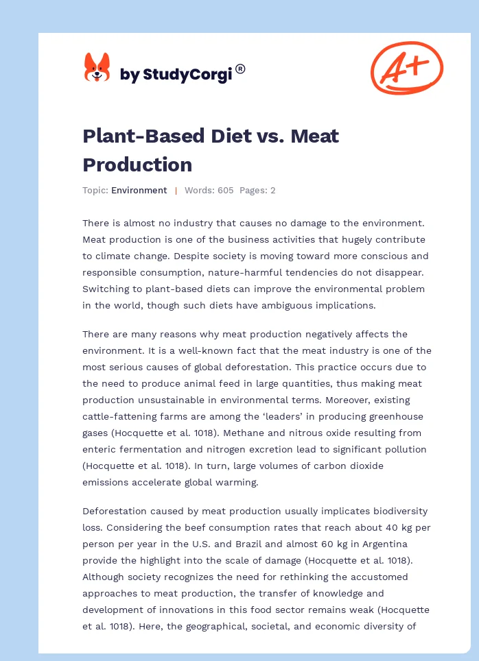 Plant Based Diet Vs Meat Production Free Essay Example
