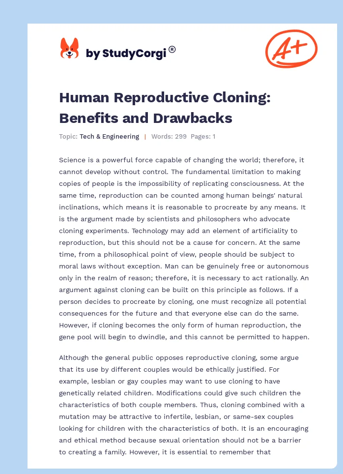 Human Reproductive Cloning: Benefits and Drawbacks. Page 1