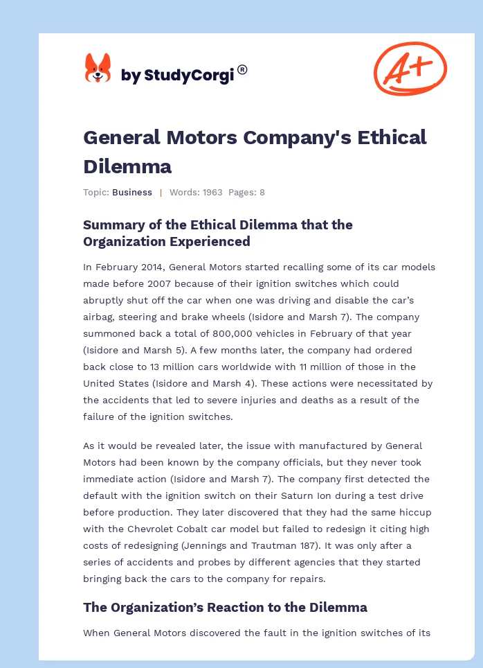 General Motors Company's Ethical Dilemma. Page 1