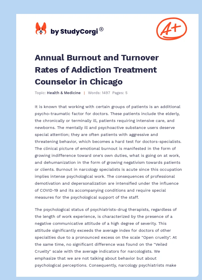 Annual Burnout and Turnover Rates of Addiction Treatment Counselor in Chicago. Page 1