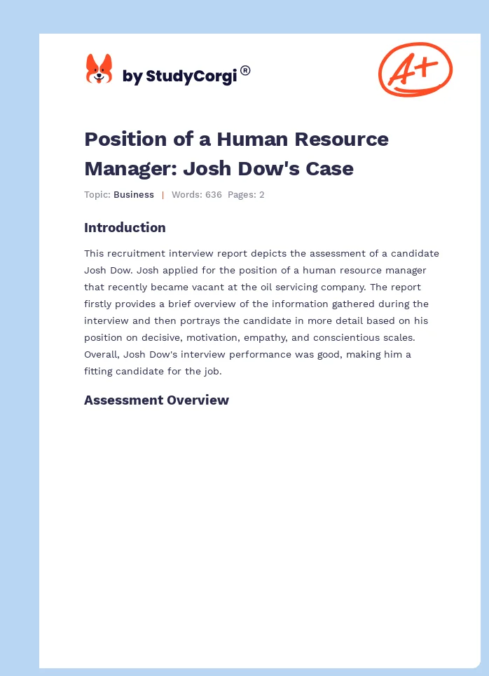 Position of a Human Resource Manager: Josh Dow's Case. Page 1