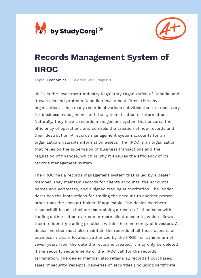 Records Management System of IIROC. Page 1