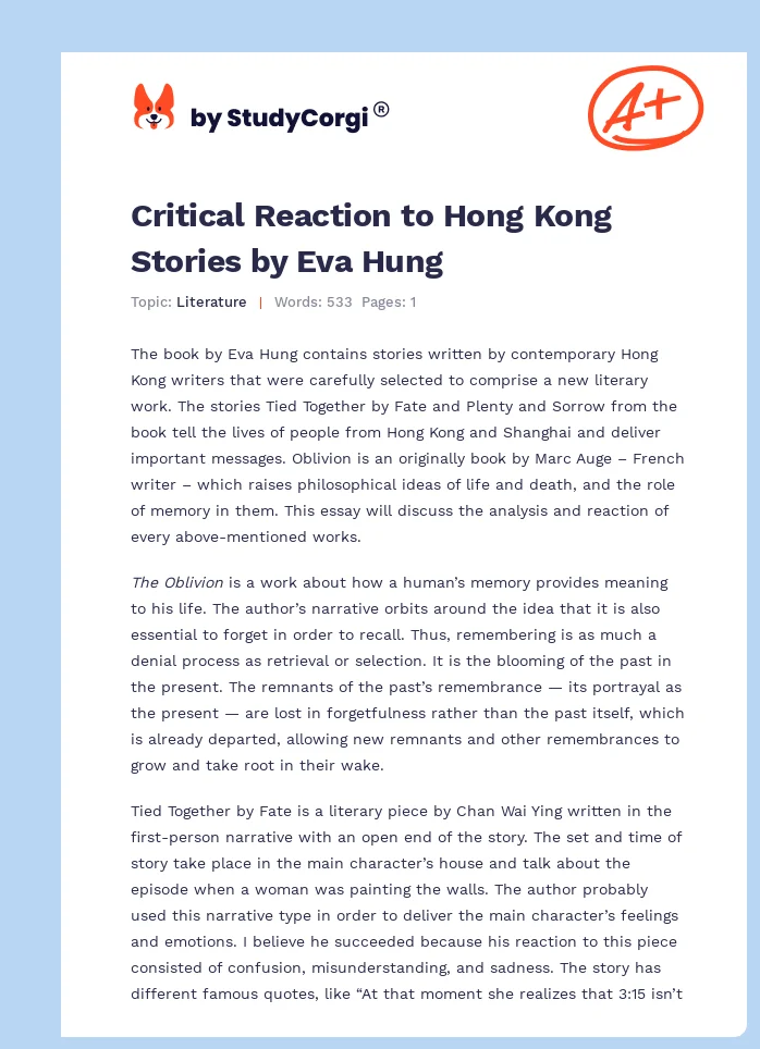 Critical Reaction to Hong Kong Stories by Eva Hung. Page 1