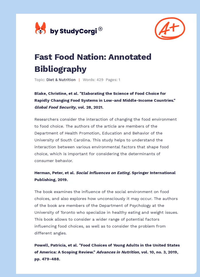 Fast Food Nation: Annotated Bibliography. Page 1