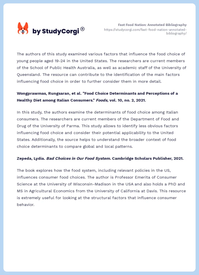 Fast Food Nation: Annotated Bibliography. Page 2