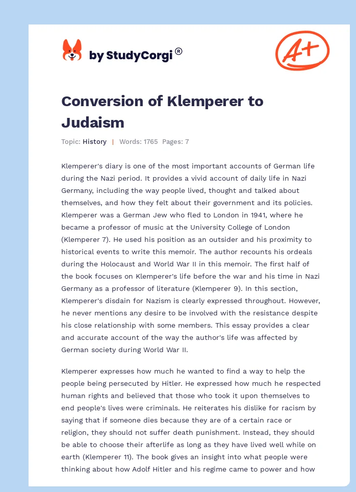 Conversion of Klemperer to Judaism. Page 1