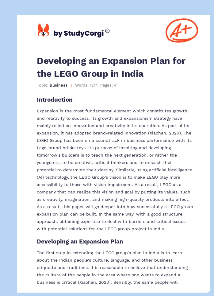 Developing an Expansion Plan for the LEGO Group in India. Page 1