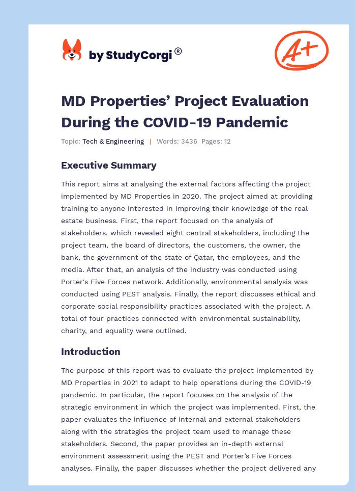 MD Properties’ Project Evaluation During the COVID-19 Pandemic. Page 1