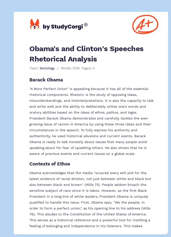 Obama's and Clinton's Speeches Rhetorical Analysis. Page 1