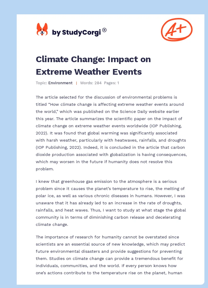 Climate Change: Impact on Extreme Weather Events. Page 1