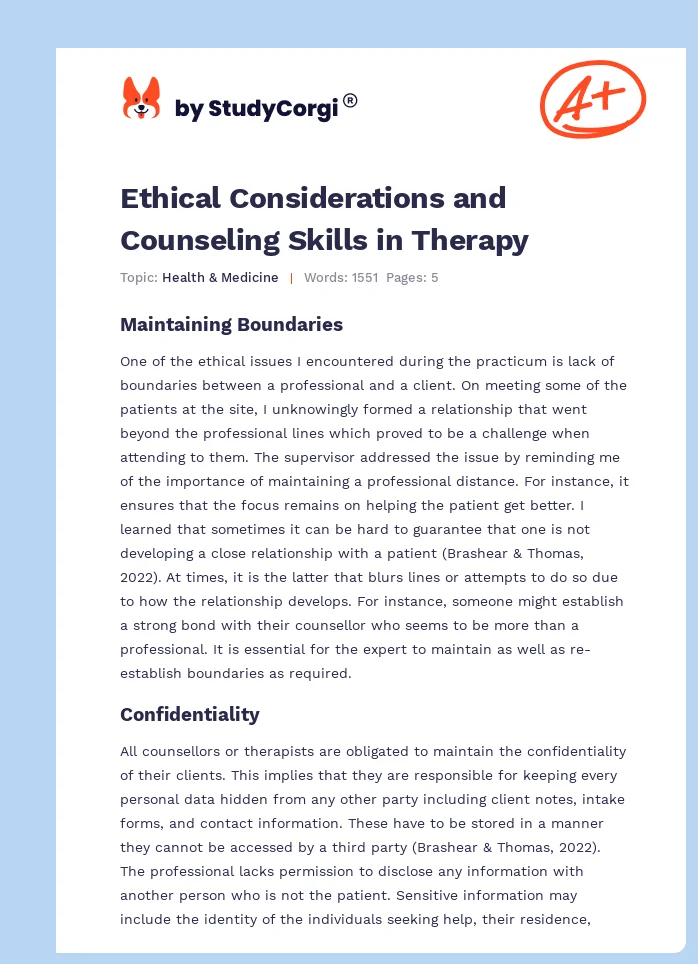 Ethical Considerations and Counseling Skills in Therapy. Page 1
