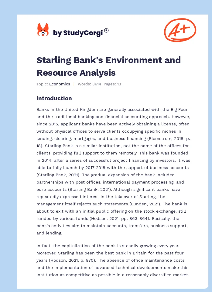 Starling Bank's Environment and Resource Analysis. Page 1