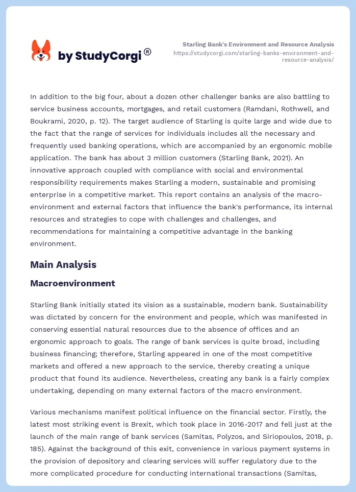 Starling Bank's Environment and Resource Analysis. Page 2