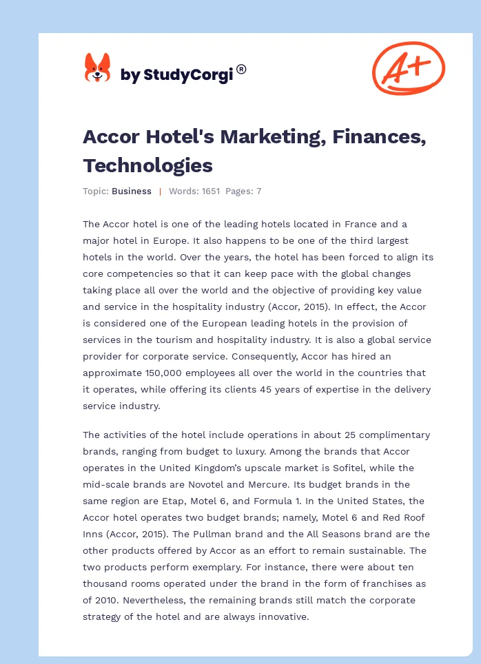 Accor Hotel's Marketing, Finances, Technologies. Page 1