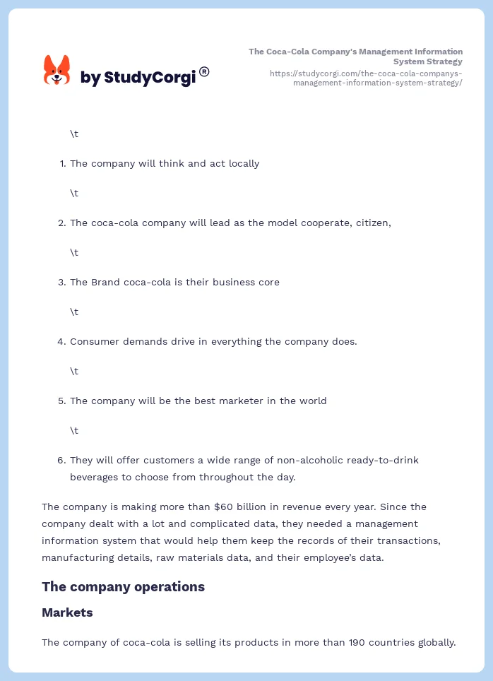 The Coca-Cola Company's Management Information System Strategy. Page 2