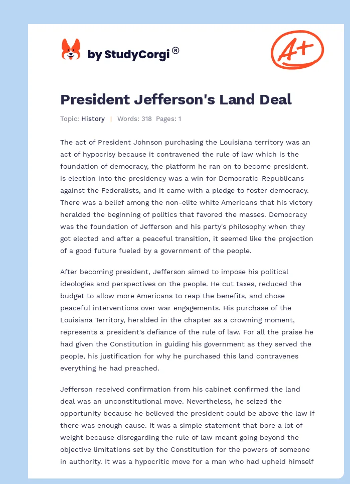 President Jefferson's Land Deal. Page 1